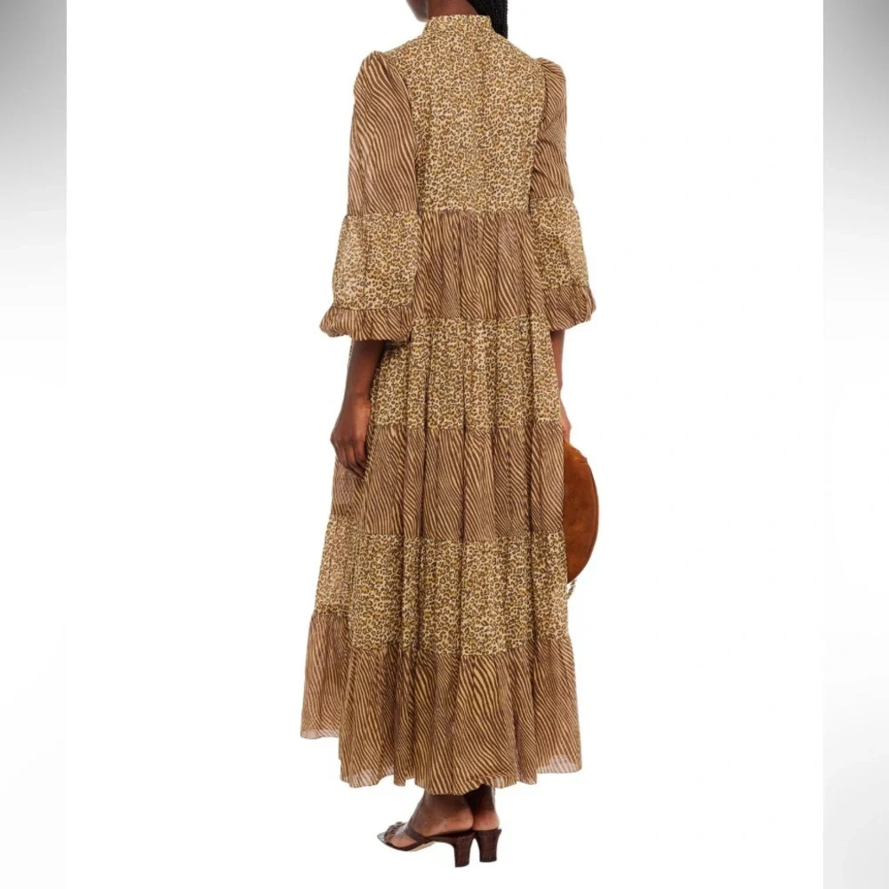 Zimmerman Empire Tiered Dress in Spliced Animal Print in Brown Maxi Dress Size 0 - Picture 3 of 13